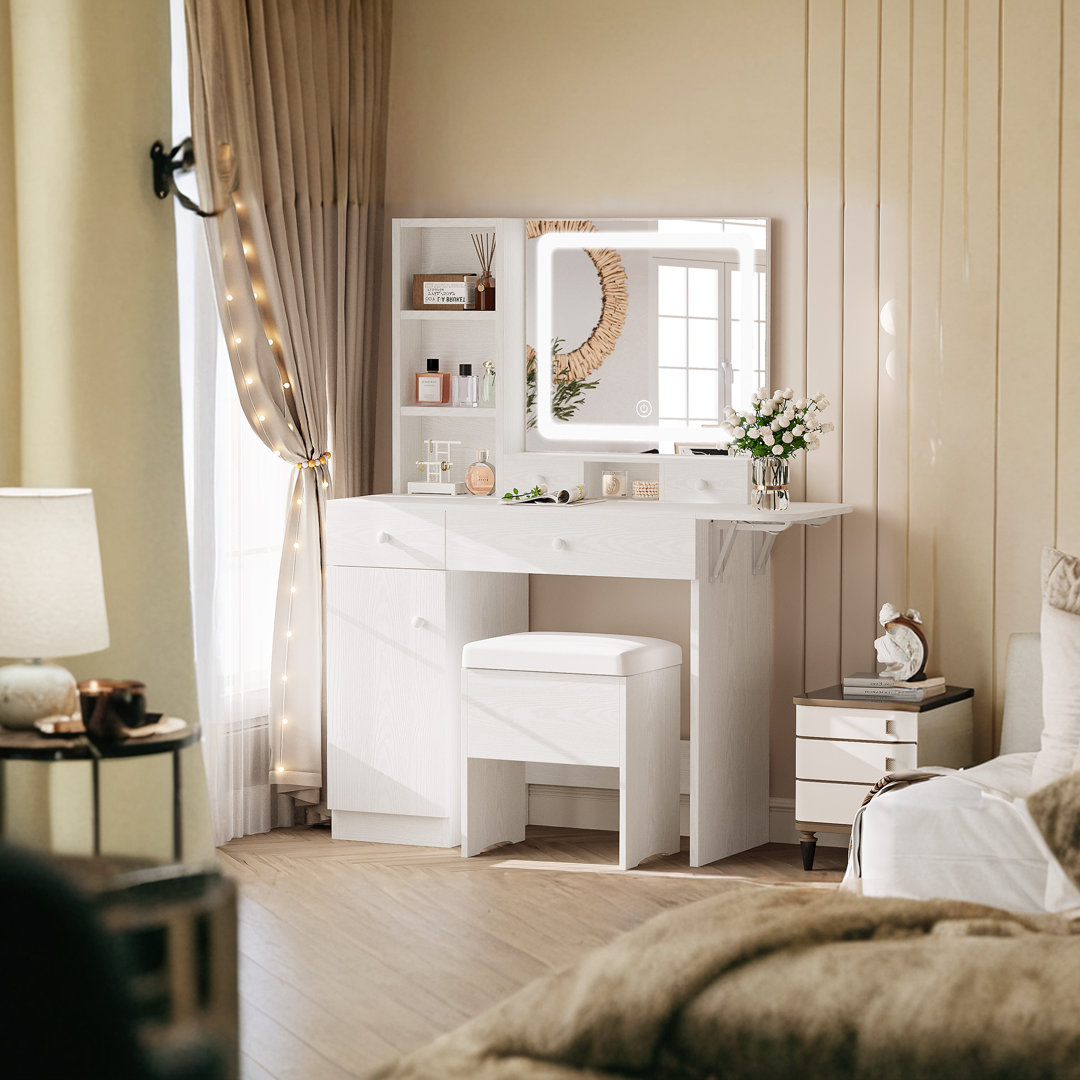 Vanity Desk Set With Led Lighted Mirror & Power Outlet, Makeup Table Top with 3 Open Bookcases, 3 Cubbies, 2 Drawers, Dresser Table for Bedroom, Checkroom